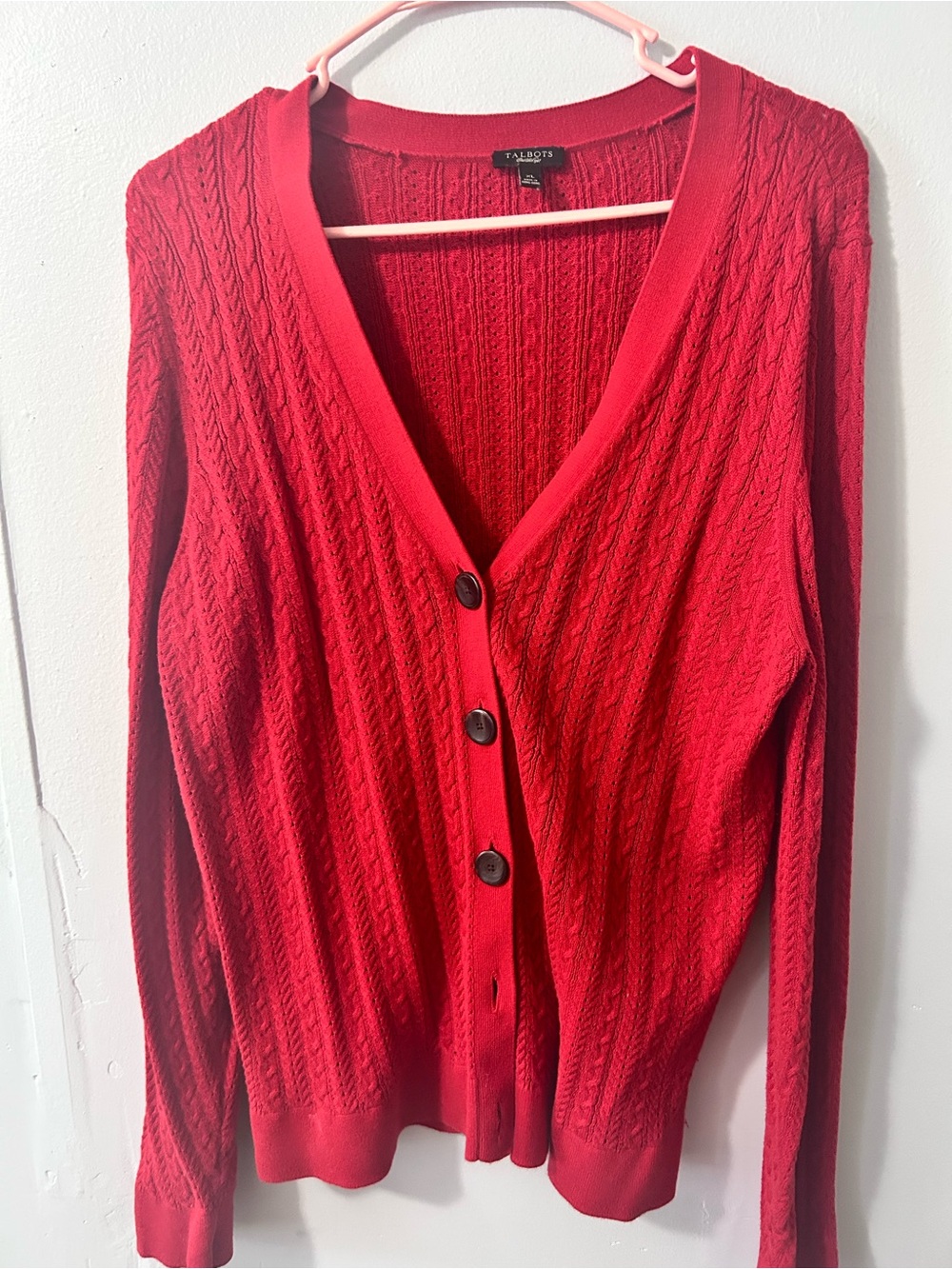 Talbots Red Cable-Knit Button Cardigan - Picture 2 of 5